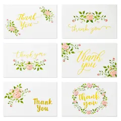 48-Count Thank You Cards with Envelopes, 6 Elegant Rose Flower Designs with Gold Foil Print for Wedding Baby and Bridal Shower Multicolor