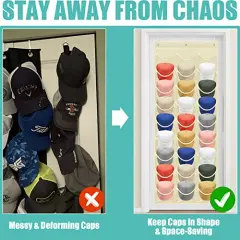 Hat Rack 27 Pockets - Hat Organizer For Baseball Cap - Hat Racks For Baseball Caps Hat Holder Hanging Over The Door Closet, Hat Storage With Large Clear Pockets & 3 Hooks For Baseball Cap& Cowboy Hat