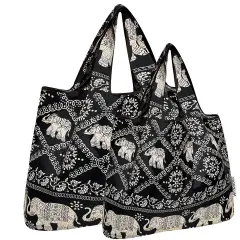 Wrapables Large & Small Foldable Tote Nylon Reusable Grocery Bags, Set of 2, Black Regal Elephants