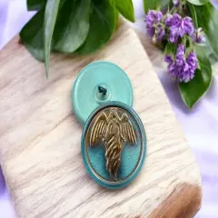 27mm Round Guardian Angel Button - Antiqued Crystal with Gold & Teal - Czech Glass Buttons