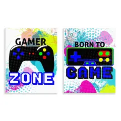 Stupell Industries Gamer Zone Splash Remote2 pc Wall Plaque Art Set Design by Kim Allen
