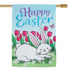 Northlight Tulips Happy Easter Bunny Outdoor House Flag - 28" x 40" Blue