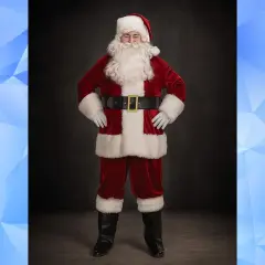 Velveteen Santa Suit with White Long Hair Plush Trim and Matching Belt, Gloves, and Boot Tops
