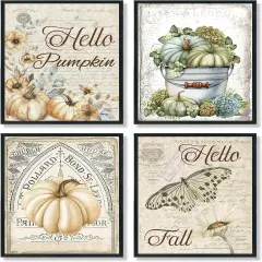 Hello Pumpkin Fall Wall Art Prints Set of 4 - Vintage Elegant Pumpkin