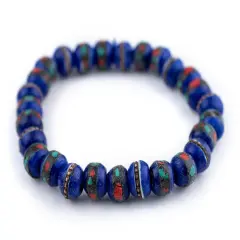 The Bead Chest Mala Stretch Bracelet, Cobalt Blue - Stackable Nepal Bone Inlaid with Turquoise & Coral Colors, 100% Authentic and Genuine