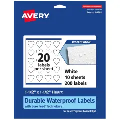 Avery Durable Waterproof Heart Labels with Sure Feed, 1.5" x 1.5"