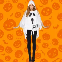 Ghost Print Adult Poncho Costume with Hood Over any Outfit