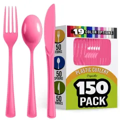 Exquisite Polished Plastic Silverware &ndash; 150 Pcs Heavy Duty Cutlery Set &ndash; 50 Each of Forks, Knives & Spoons &ndash; Disposable Utensil Set for Parties, Events & Catering &ndash; Flatware Set by Party Solids Hot Pink