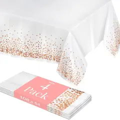 Prestee Rose Gold Plastic Table Cloth Disposable, 4 Pack - 54x108 Inch Rectangle Tablecloths for Wedding and Party - Heavy-Duty, Waterproof Table Covers - Pink and Gold, for Birthday or Fine Dining