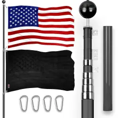 G128 Combo Pack: 25 Ft Telescoping Aluminum Flagpole (Black) & American and All Black USA Flags 3x5 Ft, Both ToughWeave Series Embroidered Polyester | Pole with Flags Included