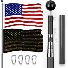 G128 Combo Pack: 20 Ft Telescoping Aluminum Flagpole (Black) & American and USA Camouflage Flags 3x5 Ft, Both ToughWeave Series Embroidered Polyester | Pole with Flags Included