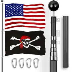G128 Combo Pack: 20 Ft Telescoping Aluminum Flagpole (Black) & American and Pirate Jolly Roger Head Scarf Flags 3x5 Ft, Both ToughWeave Series Embroidered Polyester | Pole with Flags Included