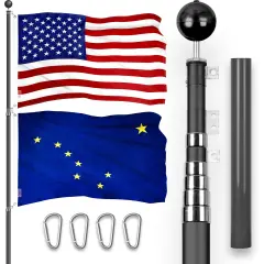 G128 Combo Pack: 20 Ft Telescoping Aluminum Flagpole (Black) & American and Alaska Flags 3x5 Ft, Both ToughWeave Series Embroidered Polyester | Pole with Flags Included
