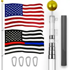 G128 Combo Pack: 20 Ft Telescoping Aluminum Flagpole (Silver) & American and Thin Blue Red Line Flags 3x5 Ft, Both ToughWeave Series Embroidered Polyester | Pole with Flags Included