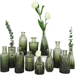 12pcs Glass Bud Vases Set - Mini Vintage Vases for Flowers Green