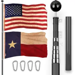 G128 Combo Pack: 20 Ft Telescoping Aluminum Flagpole (Black) & American and Texas Tea Stained Flags 3x5 Ft, Both ToughWeave Series Embroidered Polyester | Pole with Flags Included