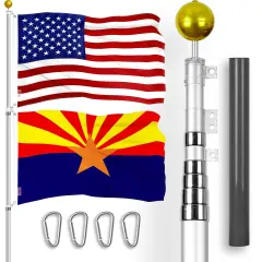 G128 Combo Pack: 20 Ft Telescoping Aluminum Flagpole (Silver) & American and Arizona Flags 3x5 Ft, Both ToughWeave Series Embroidered Polyester | Pole with Flags Included