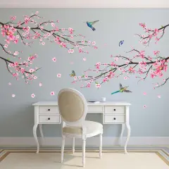 Amimagen Pink Watercolor Cherry Blossom Wall Stickers - Tree Branch Flower Birds Wall Decals - Bedroom Living Room Sofa TV Background Home Wall Decor