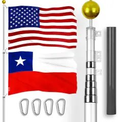 G128 Combo Pack: 20 Ft Telescoping Aluminum Flagpole (Silver) & American and Chile Flags 3x5 Ft, Both ToughWeave Series Embroidered Polyester | Pole with Flags Included