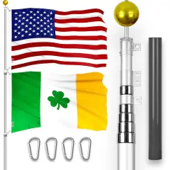 G128 Combo Pack: 20 Ft Telescoping Aluminum Flagpole (Silver) & American and Ireland Shamrock Flags 3x5 Ft, Both ToughWeave Series Embroidered Polyester | Pole with Flags Included