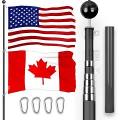 G128 Combo Pack: 20 Ft Telescoping Aluminum Flagpole (Black) & American and Canada Flags 3x5 Ft, Both ToughWeave Series Embroidered Polyester | Pole with Flags Included