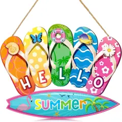 Summer Slippers Hanging Sign Shape Welcome Hello Flip Flop Wooden Door Sign Hanging Plaque Rustic Wall Sign Yard Indoor Outdoor Garden Decoration with Rope (Hello Summer)