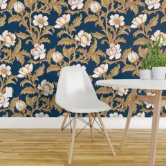 Peel & Stick Wallpaper 2FT Wide Traditional Navy Floral Heritage Revival Botanical White Flower Poppies Roses Peonies Custom Removable Wallpaper by Spoonflower