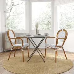 Merrick Lane Mael Stacking Thonet Bistro Style Chair with Textilene Seat and Bamboo Finished Metal Frame for Indoor/Outdoor Use Black&White/LightNat