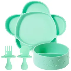 Grabease Baby Plates and Bowls Set - Essential Baby-Led Weaning Supplies for Portion Control and Self-Feeding - Suction Bottoms 4 Piece Set, BPA and Phthalates-Free, Mint Blue
