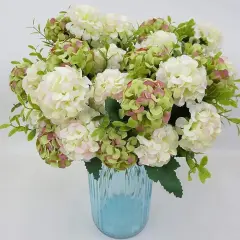 Green Artificial Hydrangea Flowers &ndash; Small Silk Fake Flower Bouquet with 10 Heads &ndash; 1 Bundle for Wedding, Party, or Home Decor