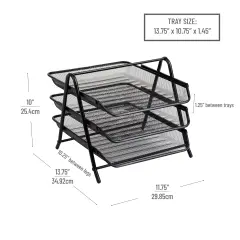 3-Tier Paper Tray, Desktop Organizer, File Storage, Office, Metal Mesh, 11.75"L x 13.75"W x 10"H, Black