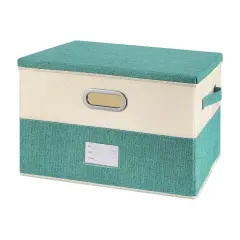 Large Linen Fabric Foldable Storage Bins with Removable Lid and Handles, Washable Storage Box Organizer Containers Baskets Cube with Cover for Bedroom,Closet,Office (Turquoise&Cream, Medium)