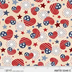 Cream Patriotic Hearts America The Beautiful 44"/45" Fabric Per Yard