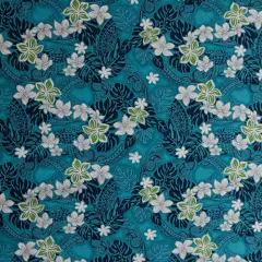 1 Yard Traditional Polynesian Tattoo Plumeria Tiare Design Fabric, Peachskin Polyester, 45 inches Width Teal