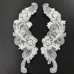 1 Pair Beaded & Corded Floral Lace Applique 10" x 3" Each Side white