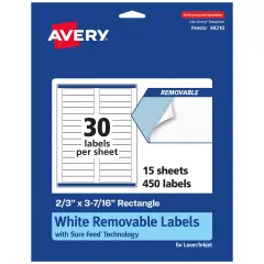 Avery Matte White Removable Rectangle Labels with Sure Feed Technology, 2/3" x 3-7/16"