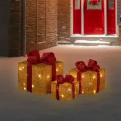 Northlight Set of 3 Gold and Red Gift Boxes with Bows Lighted Christmas Outdoor Decorations