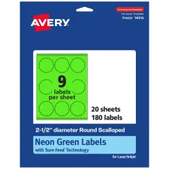 Avery Neon Green Paper Labels, 2.5" Diameter Round Scalloped