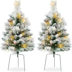 24.5in Pre-Lit Outdoor Christmas Trees, Battery Operated Holiday Pair with LED Lights Flocked