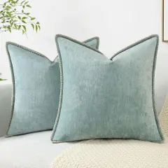 Chenille Soft Throw Pillow Covers 18x18 Set of 2, Farmhouse Velvet Decorative Pillow Covers with Stitched Edge for Couch Sofa Bed, Aqua Haze