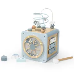 Label Label: 5-In-1 Activity Cube - Blue - Wooden Toy, Shape Sorter, Cog Wheels, Track Maze, Xylophone, Bead Labyrinth, Baby & Toddlers Ages 1+