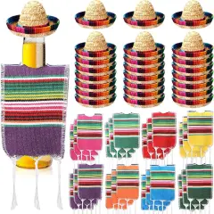 24 Sets Tiny Sombrero Hats Mini Serapes for Bottles Colorful Beer Poncho Cover Cape Sombrero Bottles Topper for Cinco De Mayo Mexican Fiesta Party Table Decorations