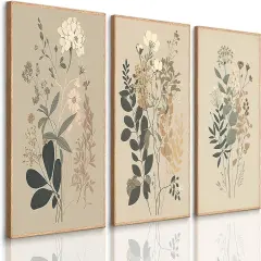 Summer 3 Pcs Vintage Botanical Wall Decor, Nature Floral Plants Wall Decor with Daisies, Dandelion, and Wildflower Posters, Watercolor Rustic Farmhouse Canvas Prints, Boho Neutral Paintings for Living Room, Unframed