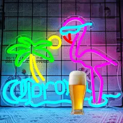 Summer Tropical Flamingo & Palm Tree Neon Light &ndash; Summer Wall Decor Beer Bar Sign for Home Bars, Man Caves, & Pool Parties &ndash; Dimmable LED Sun & Beer Neon Sign