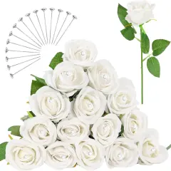 5PCS White Rose Artificial Flowers with 15PCS Diamond Pins for Bouquets