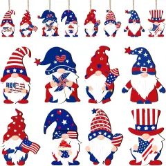 4th of July Gnome Ornaments Independence Day Hanging Decorations Patriotic Tree Decor Wooden Red White and Blue Wooden Gnome Hanging Decoration for Independence Memorial Day Party(24 Pieces)