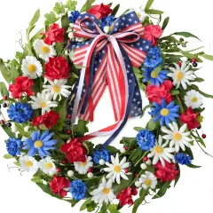 20inch Patriotic American Wreaths for Front Door,4th of July Independence Day Wreath Red White Blue Wreath for Window Door Decoration