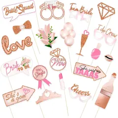 Bridal Shower Photo Booth Props Kit(21 Count), Rose Gold Wedding Hen Party Funny Selfie Props, Bride to Be Night Party Photo Props Decoration Accessories, with Bamboo Sticks& Stickers