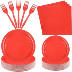 100 Count Red Paper Plates and Napkins Red Party Tableware Set Red Disposable Plates Napkins and Forks for Wedding Birthday Party Bridal Shower Baby Shower, Serve 25