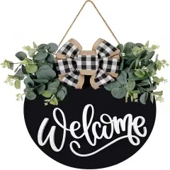 Welcome Sign for Front Door &ndash; Round Wooden Farmhouse Wreath Porch Decor, 30cm Hanging Wall Sign for Indoor and Outdoor Home Decor (Black)